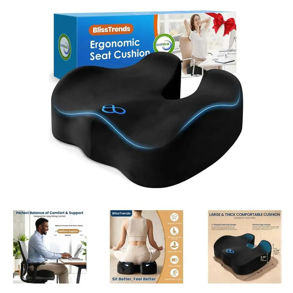 Memory Foam Seat Cushion for Office Chair Car Seat Black Ergonomic Support